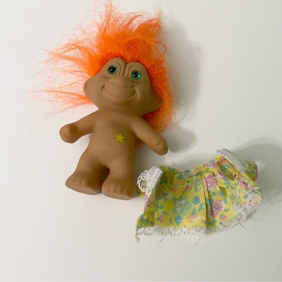 Vtg Troll Doll with Orange Hair and Floral Dress - Picture 14 of 16